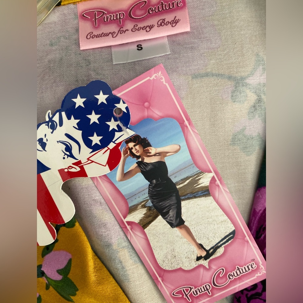 Pinup Couture PUG Girl Clothing Small Floral Birdie Dress Mustard Purple Easter - Picture 3 of 5